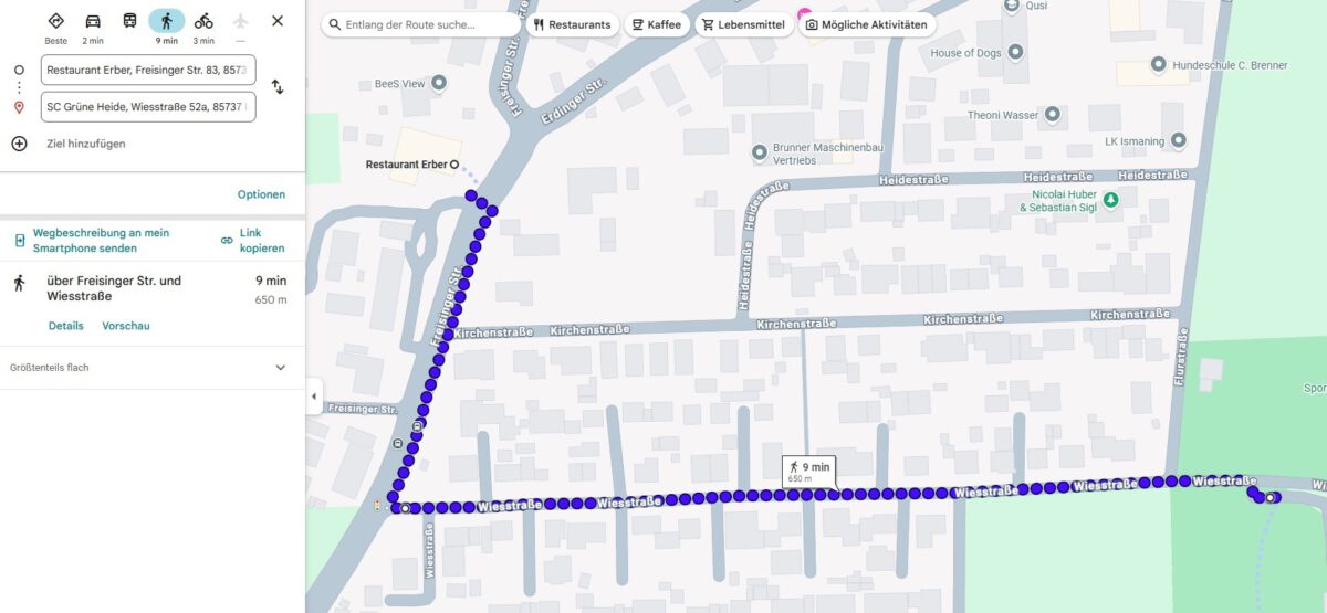 Wegbeschreibung vom Restaurant Erber zum SC Grüne Heide